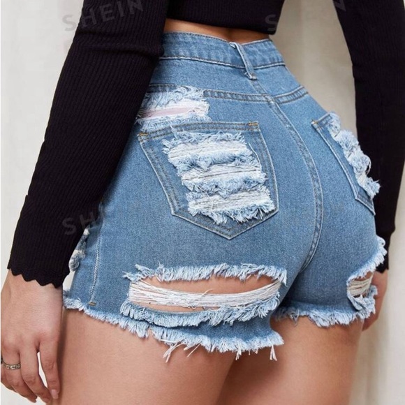 Women’s High Waisted Ripped Denim Shorts - Picture 3 of 4